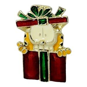 Vtg Garfield Christmas Gift Lapel Enamel Pin Brooch Double Post Pinback Signed